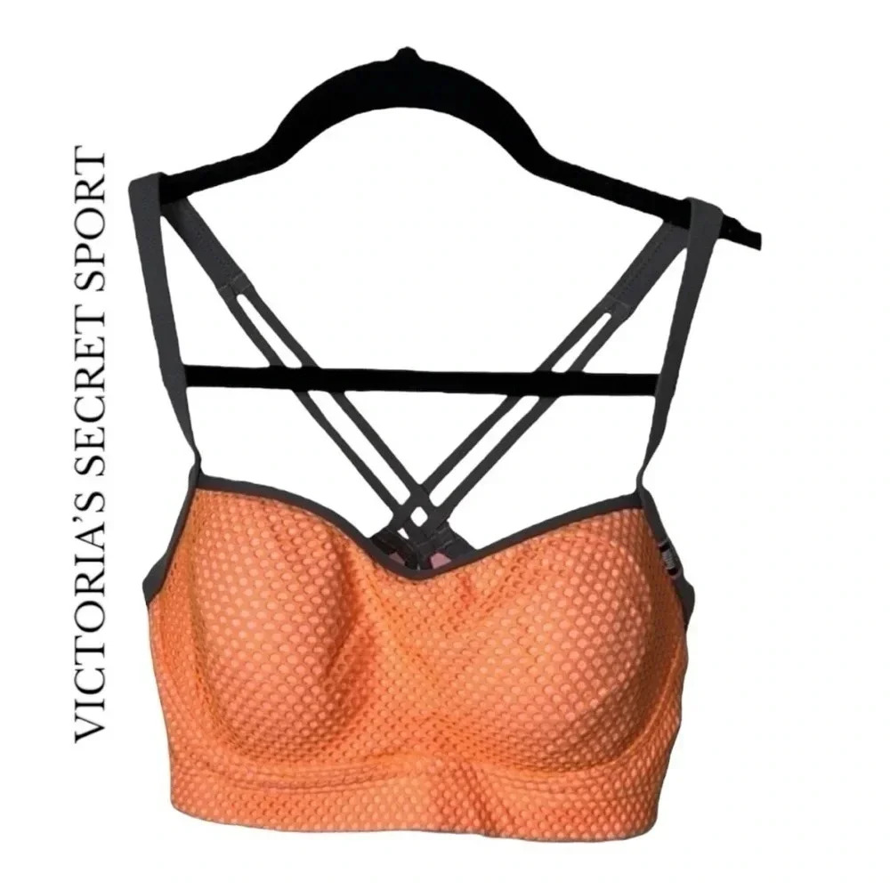 0343. Victoria's Secret Sports Bra 32D Orange High Support‎ Strappy Back